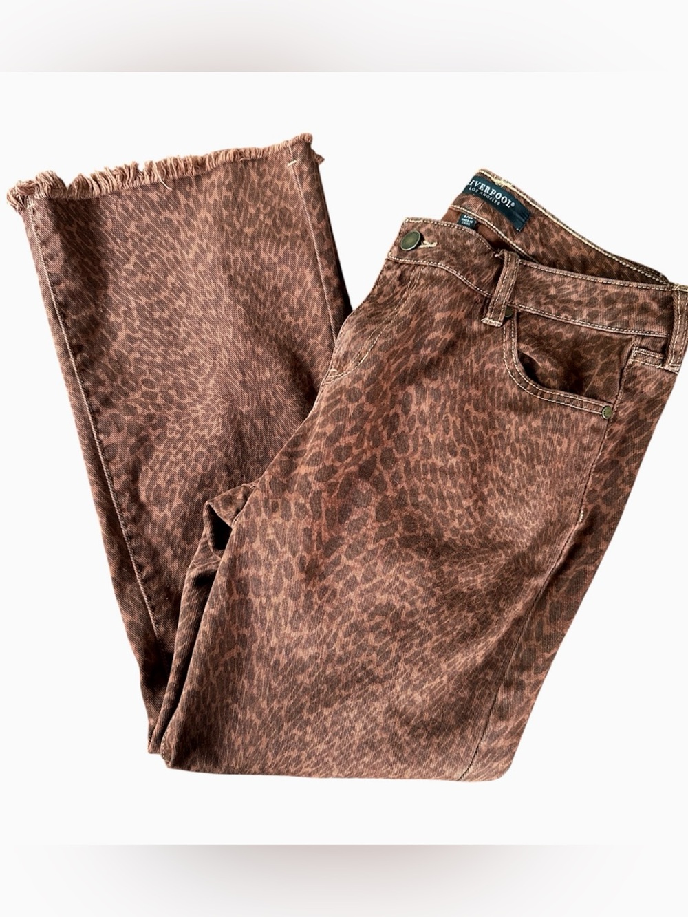 Liverpool Hanna cropped flare raw hem leopard animal print brown jeans 28